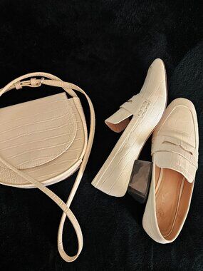 Vintage Loafer White Leather Crocodile Loafer Black Block Heel